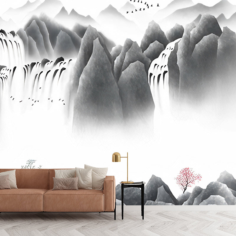 Illustration Big Mountain Mural Wallpaper for Home Decoration, Grey and White, Made to Measure Clearhalo 'Wall Decor' 'Wall Mural' 969302