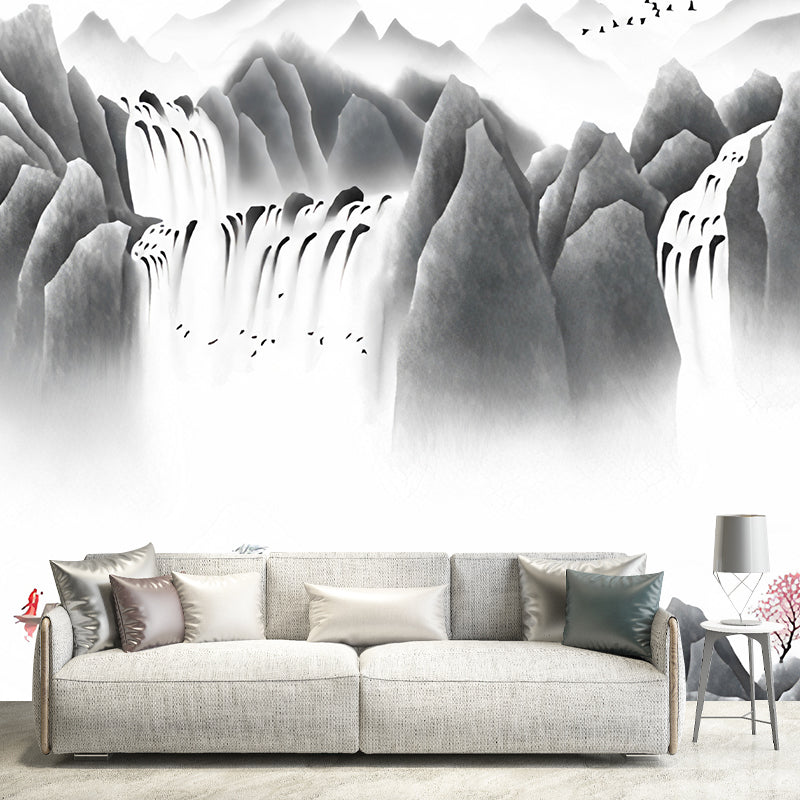 Illustration Big Mountain Mural Wallpaper for Home Decoration, Grey and White, Made to Measure Clearhalo 'Wall Decor' 'Wall Mural' 969303