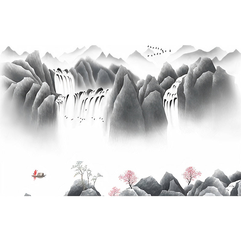 Illustration Big Mountain Mural Wallpaper for Home Decoration, Grey and White, Made to Measure Clearhalo 'Wall Decor' 'Wall Mural' 969304