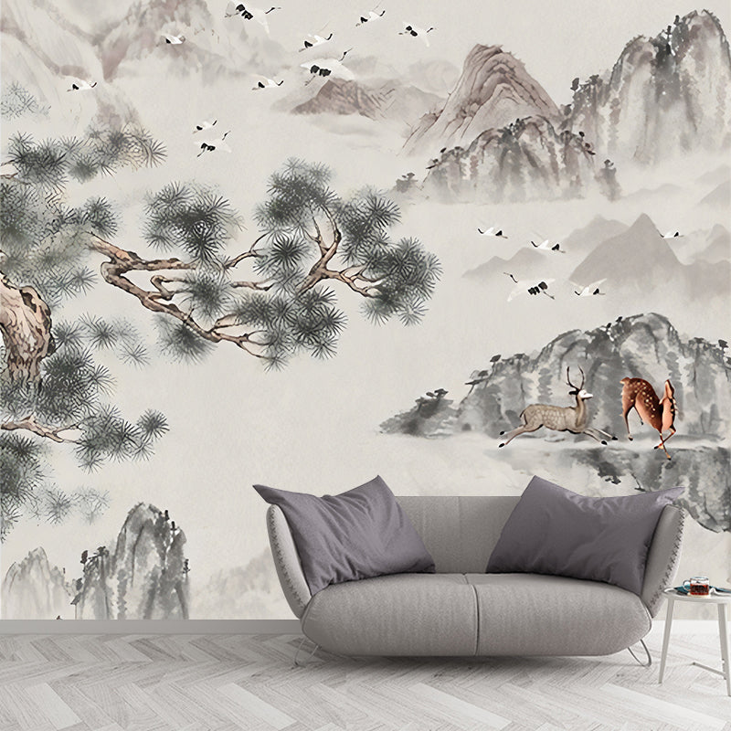 Big Illustration Asia Inspired Wall Mural for Guest Room with Crane and Deer Design in Grey and Green Gray-Green Clearhalo 'Wall Decor' 'Wall Mural' 969306