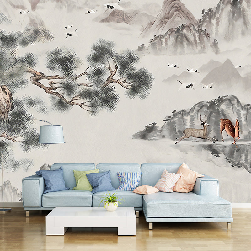 Big Illustration Asia Inspired Wall Mural for Guest Room with Crane and Deer Design in Grey and Green Clearhalo 'Wall Decor' 'Wall Mural' 969307