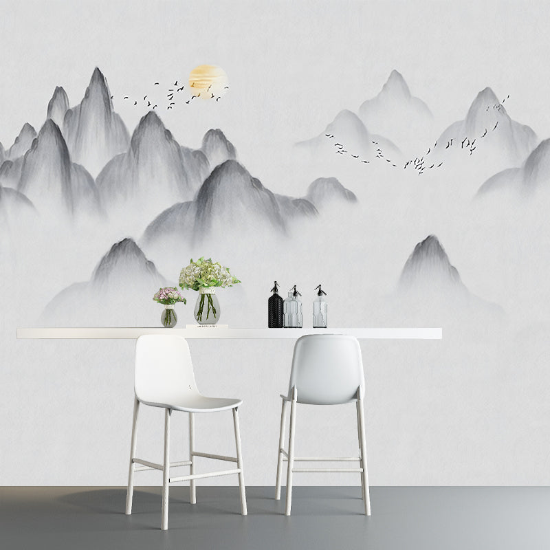 Mountain Wall Covering in Grey and Gold, Vintage Wall Mural for Accent Wall Decoration Pewter Clearhalo 'Wall Decor' 'Wall Mural' 969316