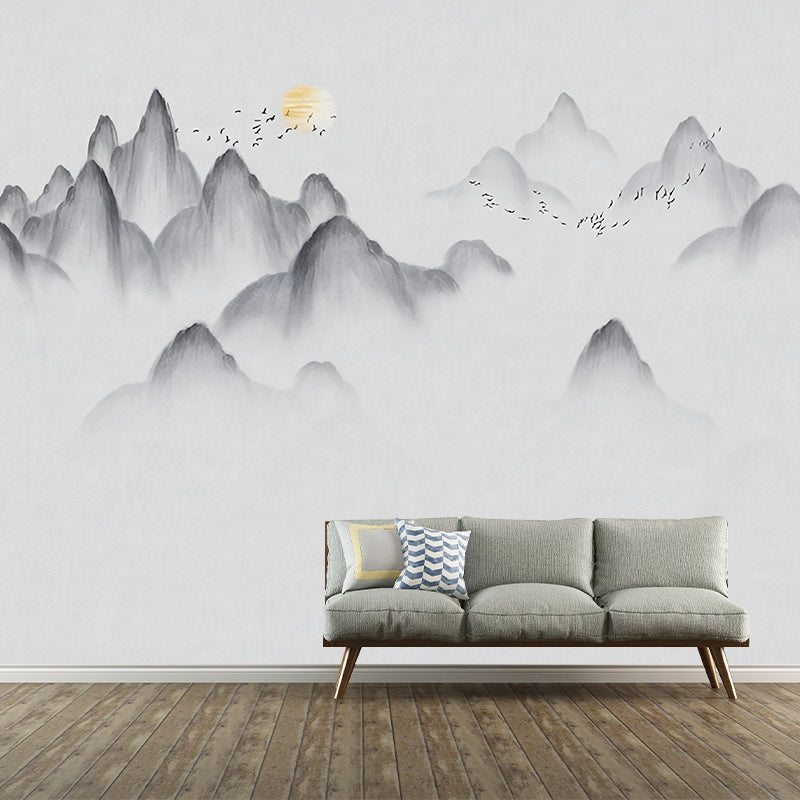 Mountain Wall Covering in Grey and Gold, Vintage Wall Mural for Accent Wall Decoration Clearhalo 'Wall Decor' 'Wall Mural' 969317