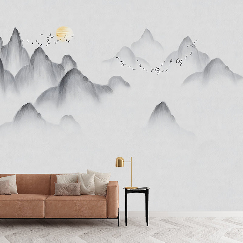 Mountain Wall Covering in Grey and Gold, Vintage Wall Mural for Accent Wall Decoration Clearhalo 'Wall Decor' 'Wall Mural' 969318