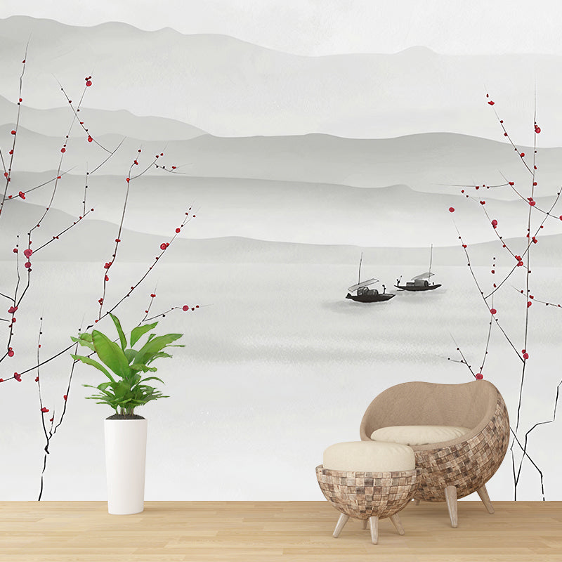 Full Illustration Boat and Mountain Mural for Home Decoration, Soft Grey, Custom-Printed Clearhalo 'Wall Decor' 'Wall Mural' 969328