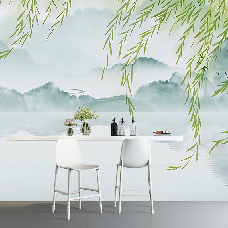 Fresh Willow and Lake Mural for Accent Wall, Blue and Green, Custom Size Available Clearhalo 'Wall Decor' 'Wall Mural' 969337