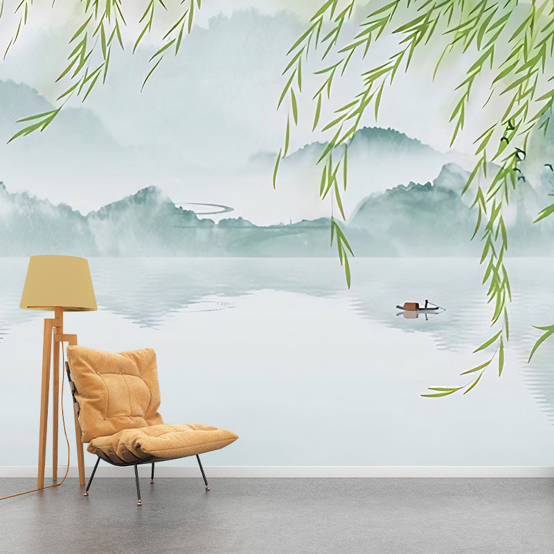 Fresh Willow and Lake Mural for Accent Wall, Blue and Green, Custom Size Available Clearhalo 'Wall Decor' 'Wall Mural' 969338