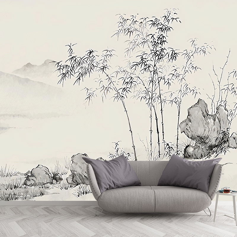 Chinese Bamboo and Rock Mural in Grey and Brown Coffee Shop Wall Decor, Personalized Size Available Gray-Yellow Clearhalo 'Wall Decor' 'Wall Mural' 969346