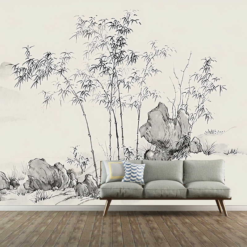 Chinese Bamboo and Rock Mural in Grey and Brown Coffee Shop Wall Decor, Personalized Size Available Clearhalo 'Wall Decor' 'Wall Mural' 969347