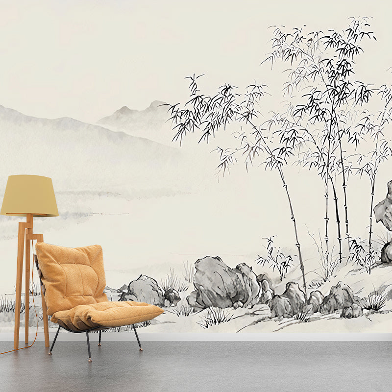 Chinese Bamboo and Rock Mural in Grey and Brown Coffee Shop Wall Decor, Personalized Size Available Clearhalo 'Wall Decor' 'Wall Mural' 969348