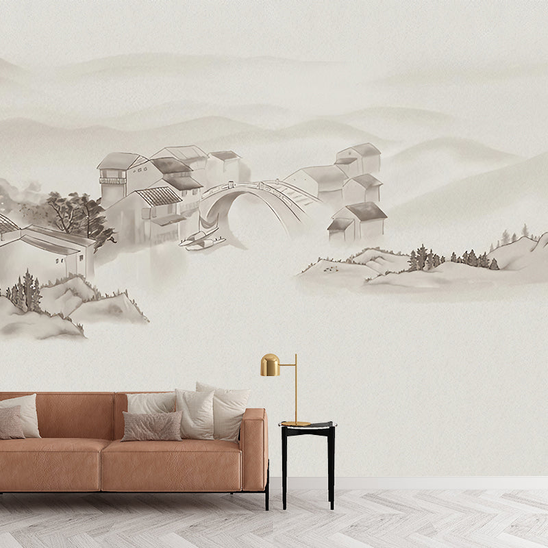 Landscapes Painting Wall Art in Pastel Color, Asia Inspired Wall Art for Home Decoration Smoke Gray Clearhalo 'Wall Decor' 'Wall Mural' 969356