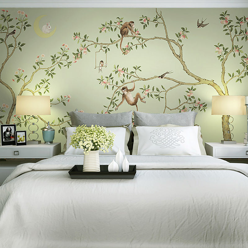 Green Tree and Monkey Mural Wallpaper Water-Resistant Wall Covering for Living Room Clearhalo 'Wall Decor' 'Wall Mural' 969362