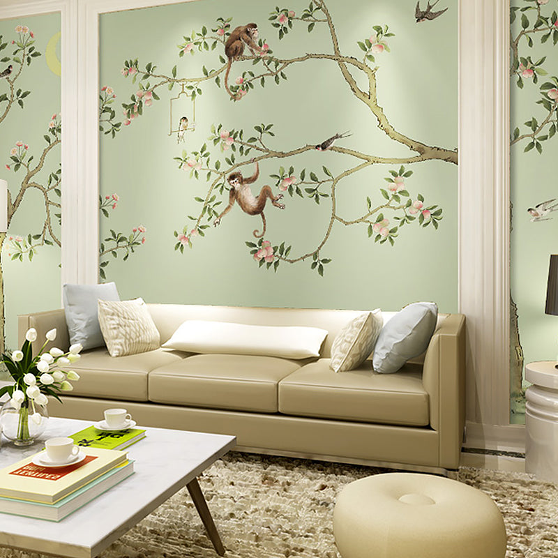 Green Tree and Monkey Mural Wallpaper Water-Resistant Wall Covering for Living Room Clearhalo 'Wall Decor' 'Wall Mural' 969363