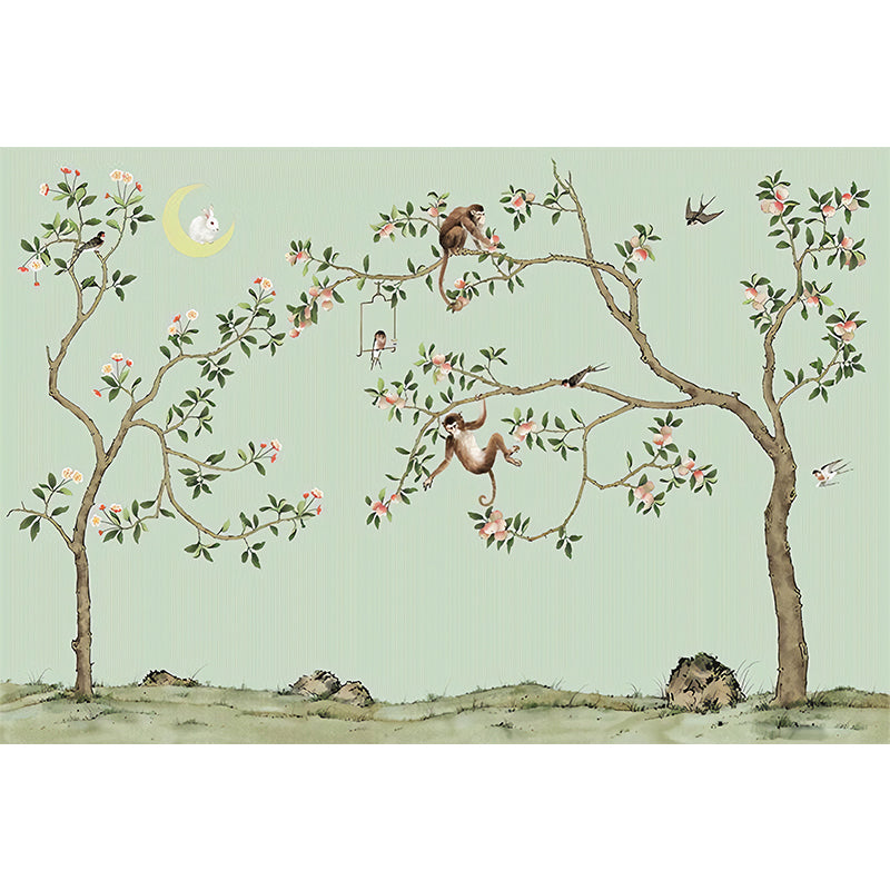 Green Tree and Monkey Mural Wallpaper Water-Resistant Wall Covering for Living Room Clearhalo 'Wall Decor' 'Wall Mural' 969364