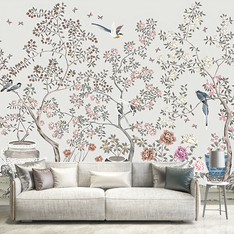 Decorative Bird and Blossom Mural Non-Woven Fabric Traditional Wall Art for Guest Room Beige Clearhalo 'Wall Decor' 'Wall Mural' 969366