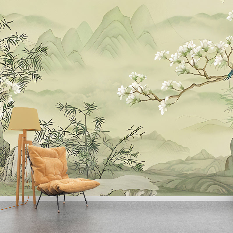 Elegant Flower and Mountain Mural for Home Decoration, Pastel Green, Personalized Size Available Light Green Clearhalo 'Wall Decor' 'Wall Mural' 969376