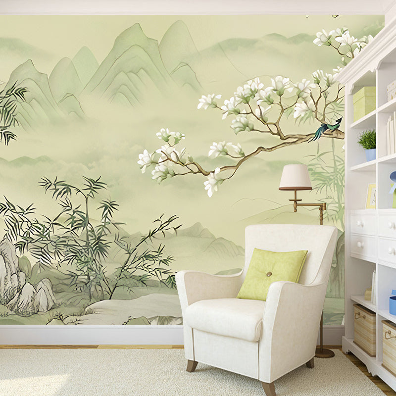 Elegant Flower and Mountain Mural for Home Decoration, Pastel Green, Personalized Size Available Clearhalo 'Wall Decor' 'Wall Mural' 969377