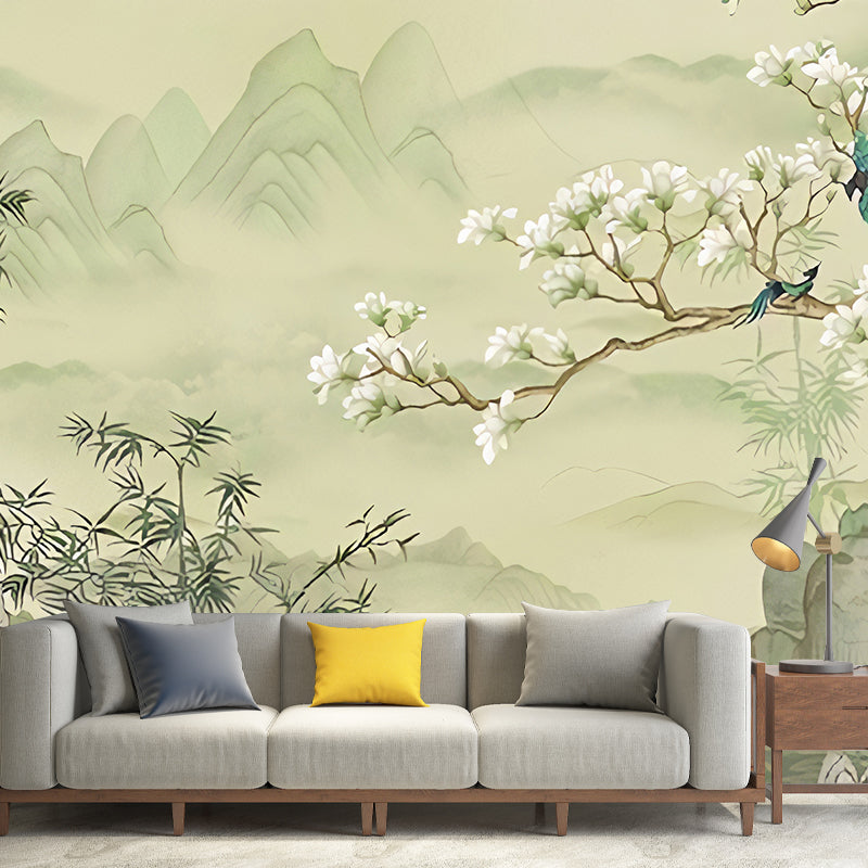 Elegant Flower and Mountain Mural for Home Decoration, Pastel Green, Personalized Size Available Clearhalo 'Wall Decor' 'Wall Mural' 969378