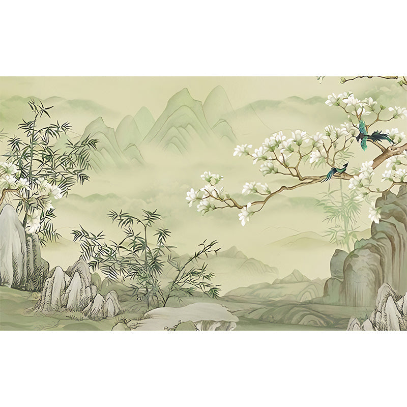 Elegant Flower and Mountain Mural for Home Decoration, Pastel Green, Personalized Size Available Clearhalo 'Wall Decor' 'Wall Mural' 969379