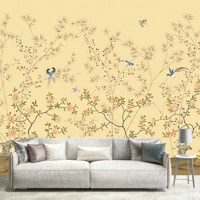 Chinese Flower Cluster Wall Art in Brown Living Room Wall Mural, Custom Size Available Light Yellow Clearhalo 'Wall Decor' 'Wall Mural' 969391