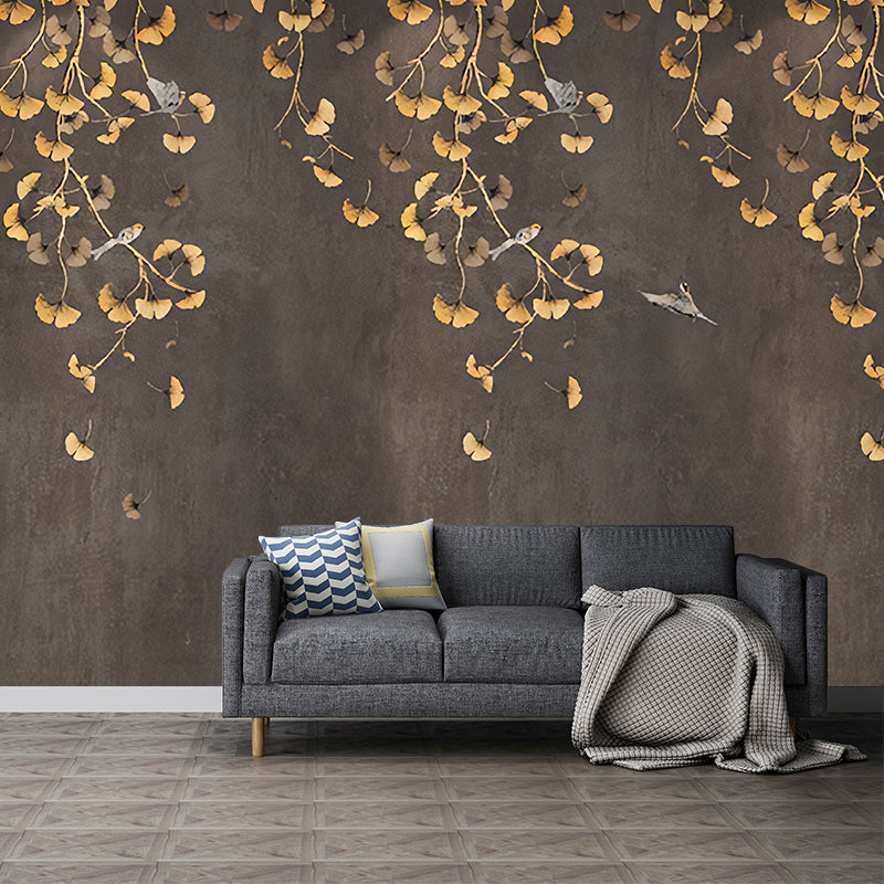 Ginkgo Mural Wallpaper in Gold and Brown, Traditional Wall Covering for Living Room Gray-Gold Clearhalo 'Wall Decor' 'Wall Mural' 969411