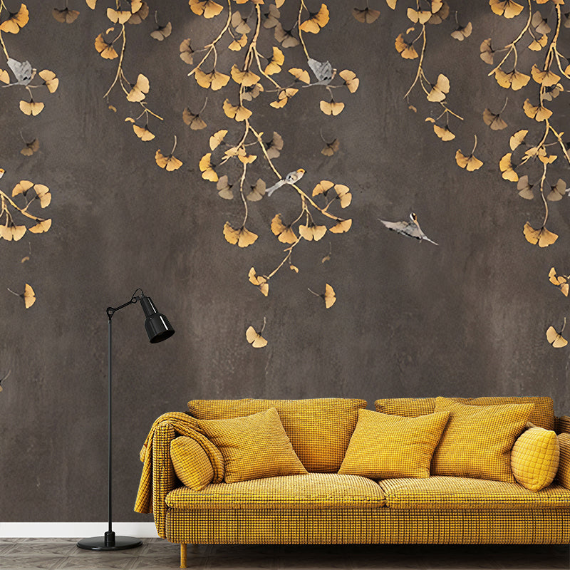 Ginkgo Mural Wallpaper in Gold and Brown, Traditional Wall Covering for Living Room Clearhalo 'Wall Decor' 'Wall Mural' 969412