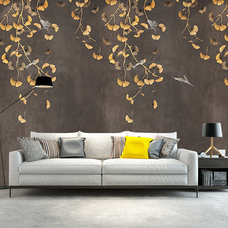 Ginkgo Mural Wallpaper in Gold and Brown, Traditional Wall Covering for Living Room Clearhalo 'Wall Decor' 'Wall Mural' 969413