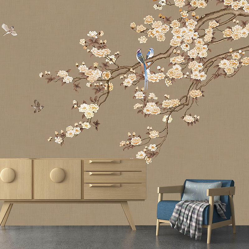 Brown and Pink Blossoms Mural Wallpaper Decorative Wall Art for Coffee Shop and Living Room Yellow-Brown Clearhalo 'Wall Decor' 'Wall Mural' 969426