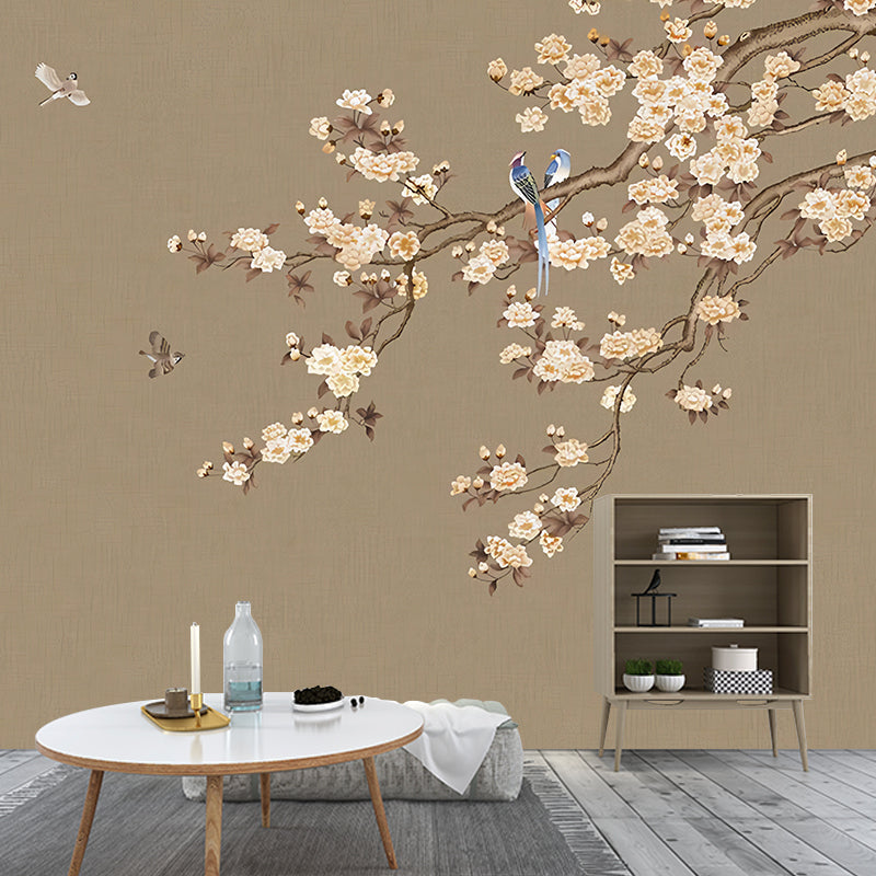 Brown and Pink Blossoms Mural Wallpaper Decorative Wall Art for Coffee Shop and Living Room Clearhalo 'Wall Decor' 'Wall Mural' 969428