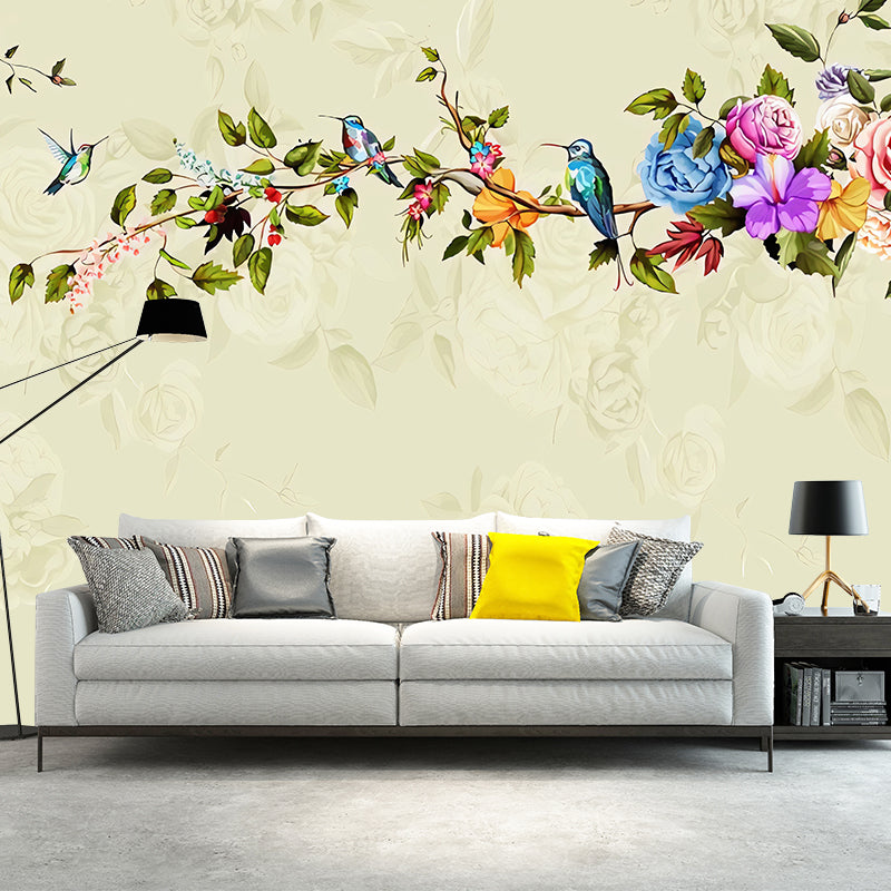 Rose and Bird Wall Decor for Living Room Asia Inspired Wall Mural, Custom Size Available Green Clearhalo 'Wall Decor' 'Wall Mural' 969431