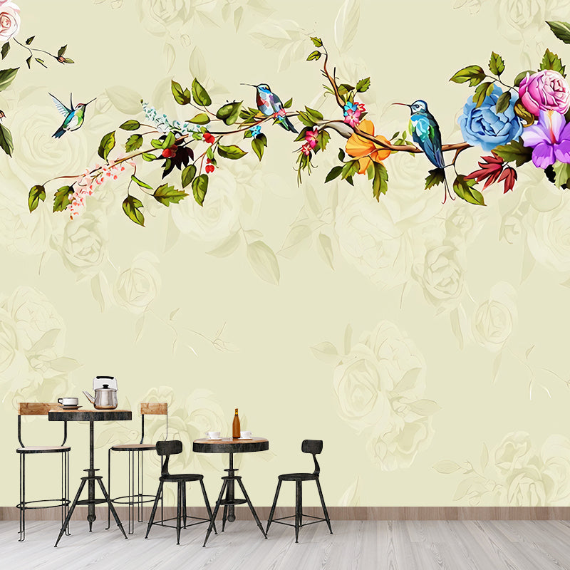 Rose and Bird Wall Decor for Living Room Asia Inspired Wall Mural, Custom Size Available Clearhalo 'Wall Decor' 'Wall Mural' 969432