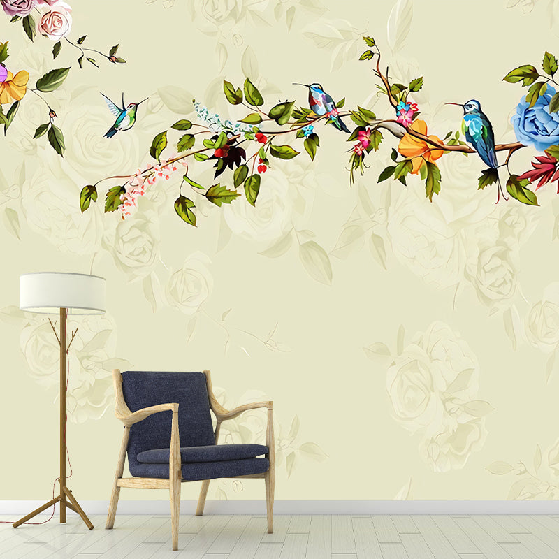 Rose and Bird Wall Decor for Living Room Asia Inspired Wall Mural, Custom Size Available Clearhalo 'Wall Decor' 'Wall Mural' 969433