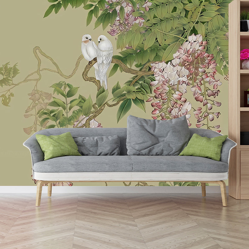 Romantic Wisteria Mural Wallpaper for Gallery, Green and Purple, Made to Measure Green Clearhalo 'Wall Decor' 'Wall Mural' 969436