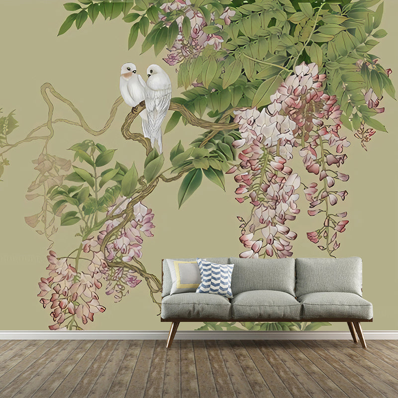 Romantic Wisteria Mural Wallpaper for Gallery, Green and Purple, Made to Measure Clearhalo 'Wall Decor' 'Wall Mural' 969437