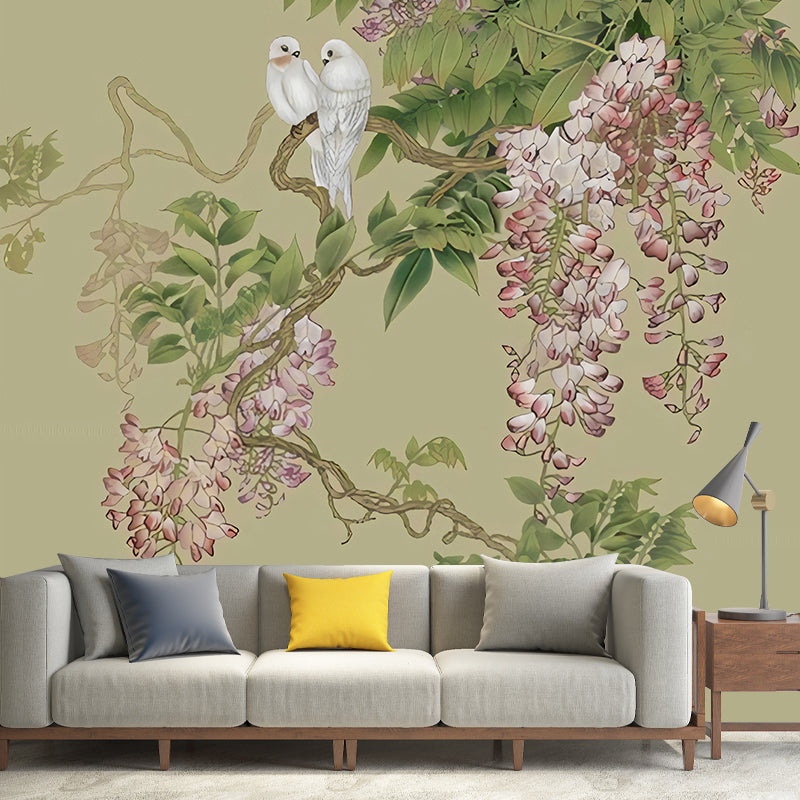 Romantic Wisteria Mural Wallpaper for Gallery, Green and Purple, Made to Measure Clearhalo 'Wall Decor' 'Wall Mural' 969438