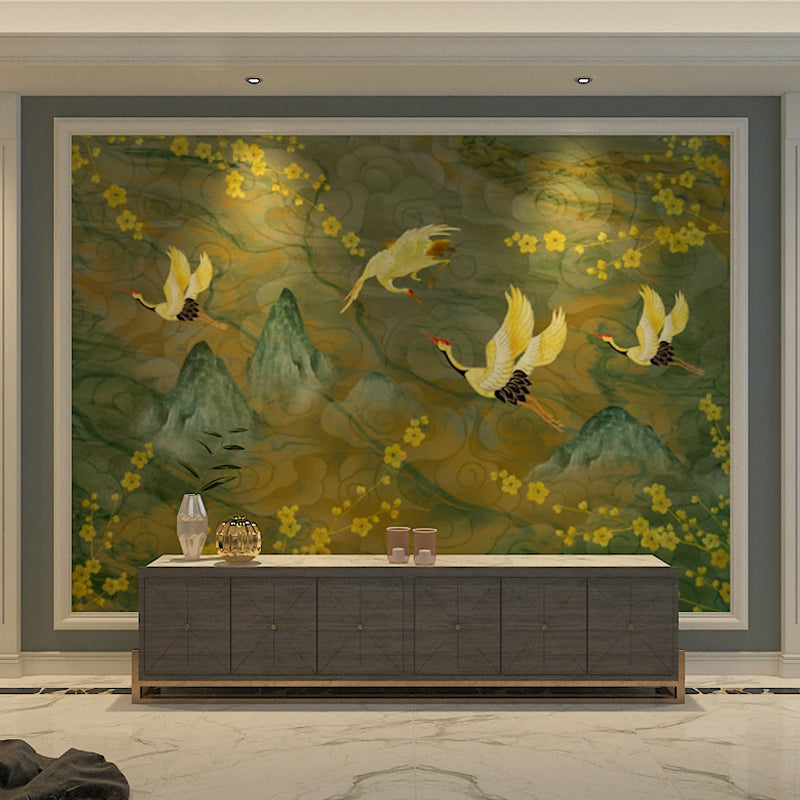 Big Mural with Plum Blossom and Crane Design Yellow and Green Non-Woven Wall Art for Home Decor, Made to Measure Clearhalo 'Wall Decor' 'Wall Mural' 969463