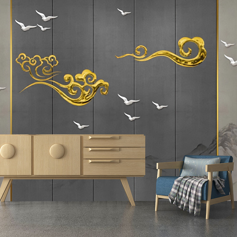 Chinese Traditional Cloud Wall Art for Accent Wall, Full Size Wall Decor in Grey Gray-Gold Clearhalo 'Wall Decor' 'Wall Mural' 969476