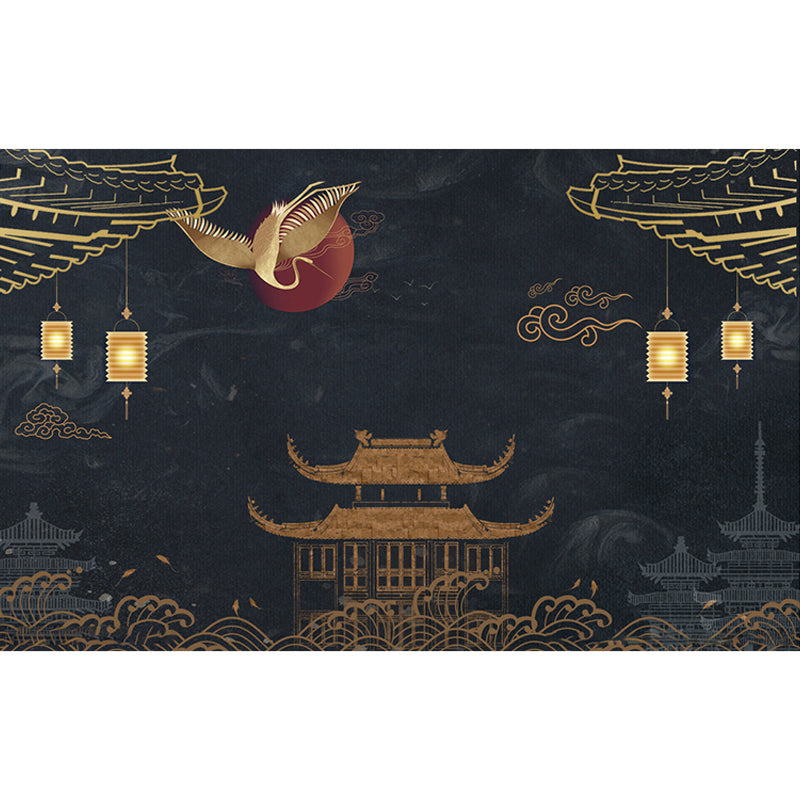 Vintage Dark Blue Mural with Crane and Tower Pattern for Home Use, Non-Woven Material Clearhalo 'Wall Decor' 'Wall Mural' 969484