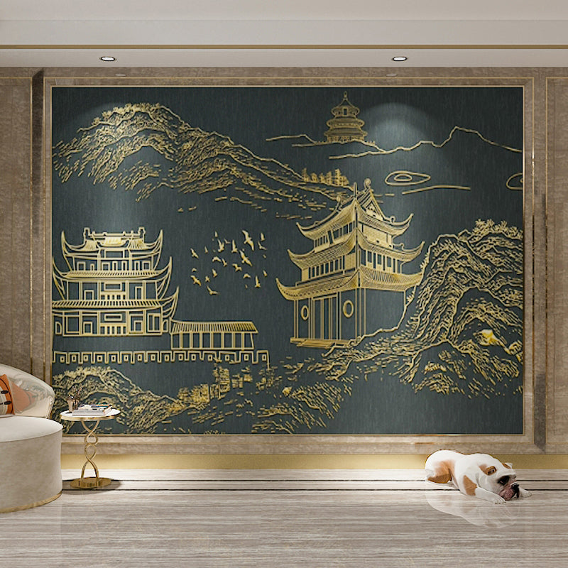 Chinese Construction Wall Decor for Bedroom Classic Wall Mural, Personalized Size Available Gray-Gold Clearhalo 'Wall Decor' 'Wall Mural' 969491