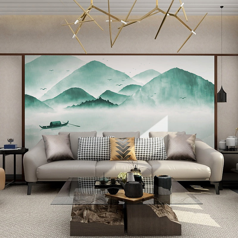 Mountain and Boat Wall Art in Pastel Green, Traditional Wall Mural for Accent Wall Green Clearhalo 'Wall Decor' 'Wall Mural' 969535