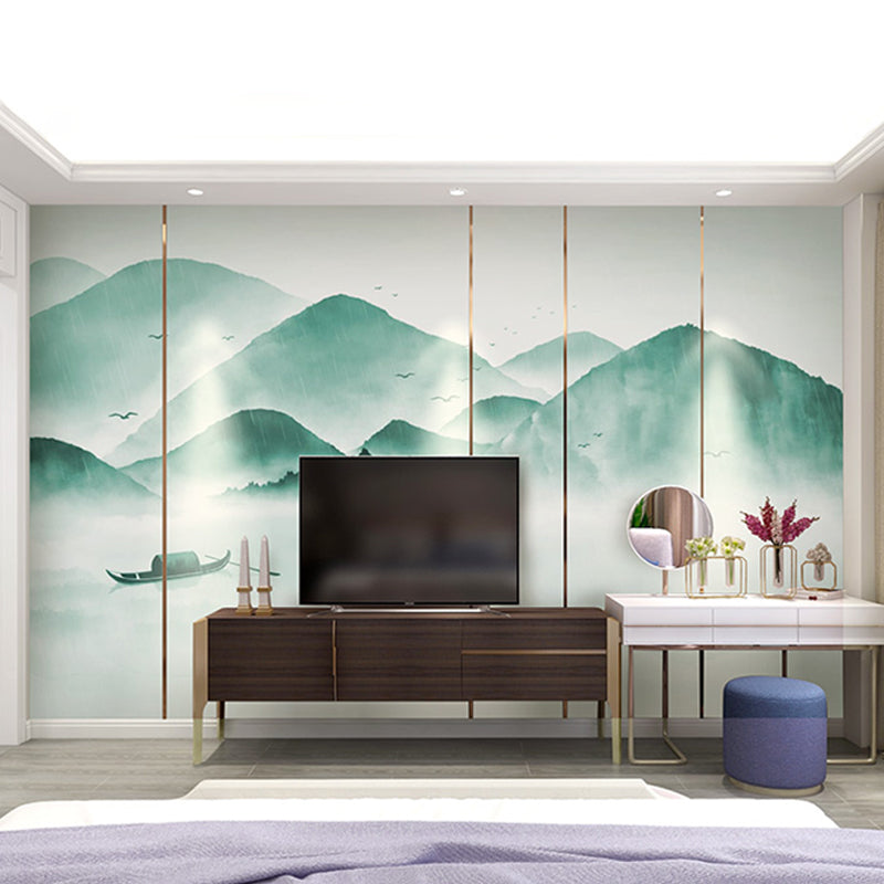 Mountain and Boat Wall Art in Pastel Green, Traditional Wall Mural for Accent Wall Clearhalo 'Wall Decor' 'Wall Mural' 969536