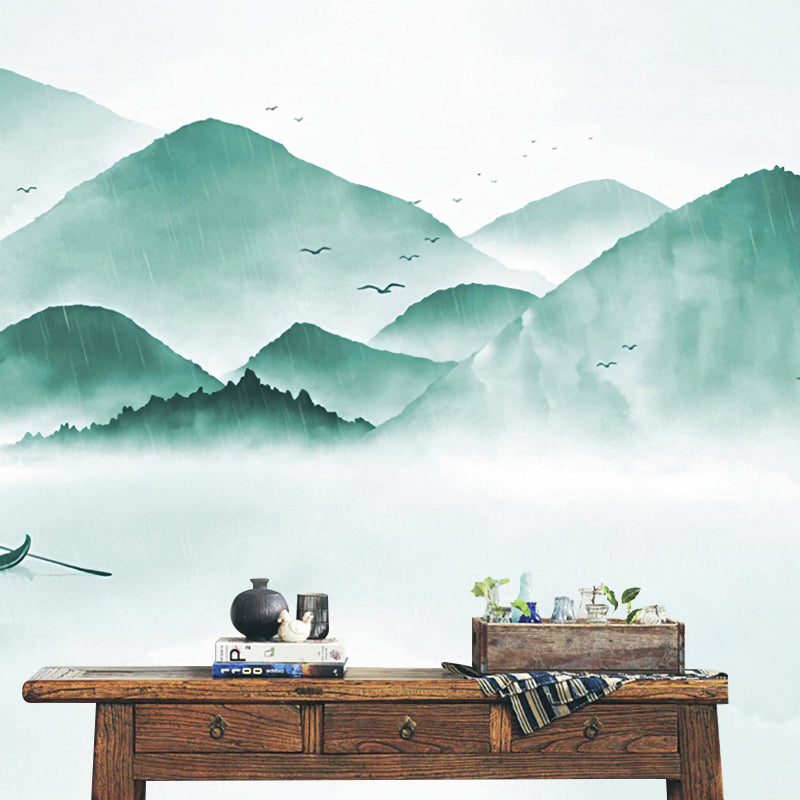 Mountain and Boat Wall Art in Pastel Green, Traditional Wall Mural for Accent Wall Clearhalo 'Wall Decor' 'Wall Mural' 969537