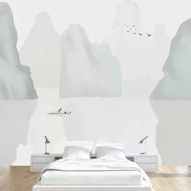 Giant Boat and Mountain Mural for Home Decoration Misty Lake Wall Covering in Grey and White, Moisture-Resistant Gray-White Clearhalo 'Wall Decor' 'Wall Mural' 969540