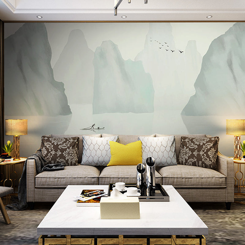 Giant Boat and Mountain Mural for Home Decoration Misty Lake Wall Covering in Grey and White, Moisture-Resistant Clearhalo 'Wall Decor' 'Wall Mural' 969541