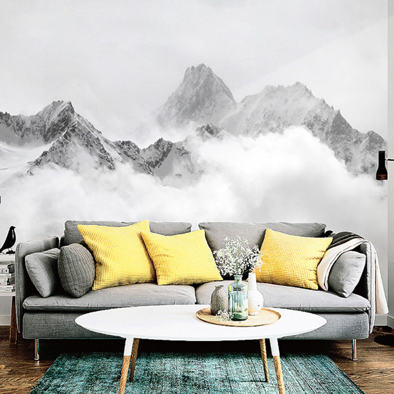 Peak and Cloud Wall Mural in Black and White, Minimalist Wall Covering for Home Decoration Gray-White Clearhalo 'Wall Decor' 'Wall Mural' 969550