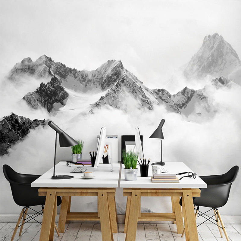 Peak and Cloud Wall Mural in Black and White, Minimalist Wall Covering for Home Decoration Clearhalo 'Wall Decor' 'Wall Mural' 969551