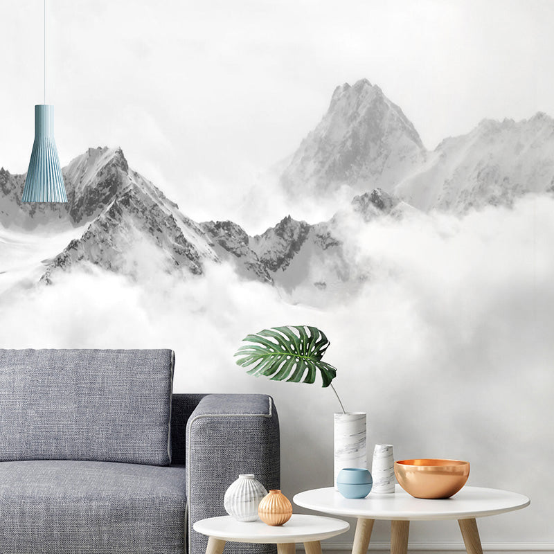 Peak and Cloud Wall Mural in Black and White, Minimalist Wall Covering for Home Decoration Clearhalo 'Wall Decor' 'Wall Mural' 969552