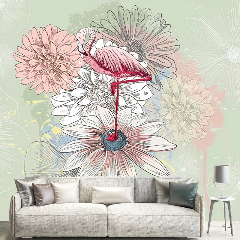 Nostalgic Chrysanthemum Wall Art for Accent Wall, Green and Pink, Custom Size Available Green-Pink Clearhalo 'Wall Decor' 'Wall Mural' 969560