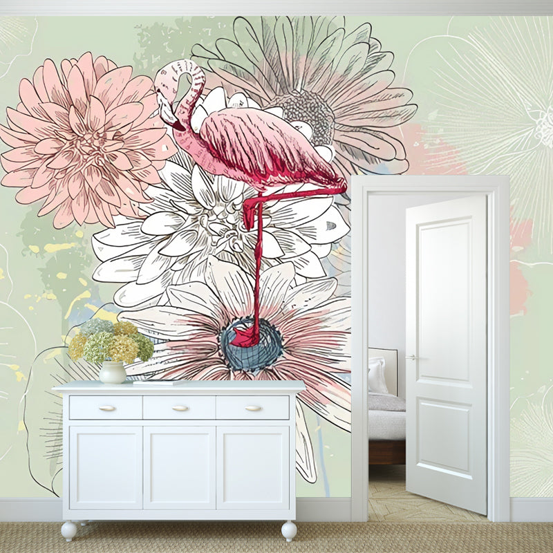 Nostalgic Chrysanthemum Wall Art for Accent Wall, Green and Pink, Custom Size Available Clearhalo 'Wall Decor' 'Wall Mural' 969561