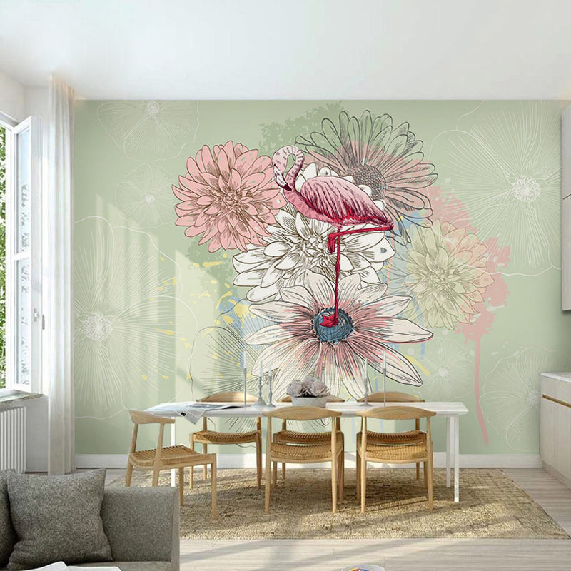 Nostalgic Chrysanthemum Wall Art for Accent Wall, Green and Pink, Custom Size Available Clearhalo 'Wall Decor' 'Wall Mural' 969562